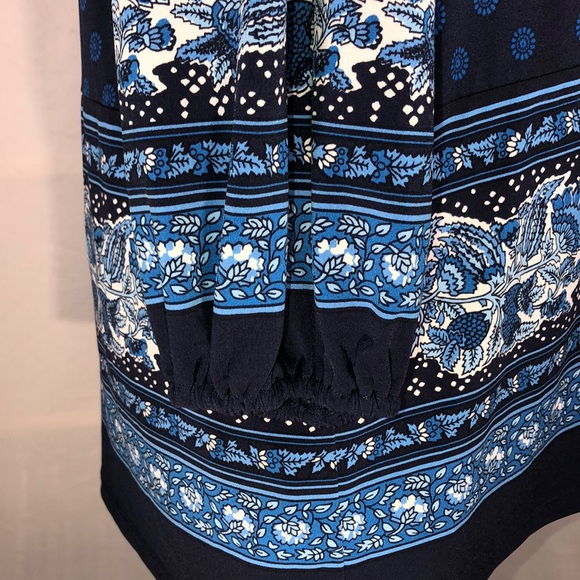 Michael Kor Blue Patterned Long Sleeve Blouse w/ Tie Neck Med - Picture 2 of 5